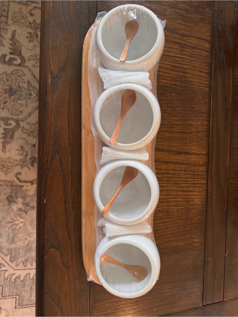 4-Piece White Ceramic Dip Bowls with Bamboo Board and Spoons